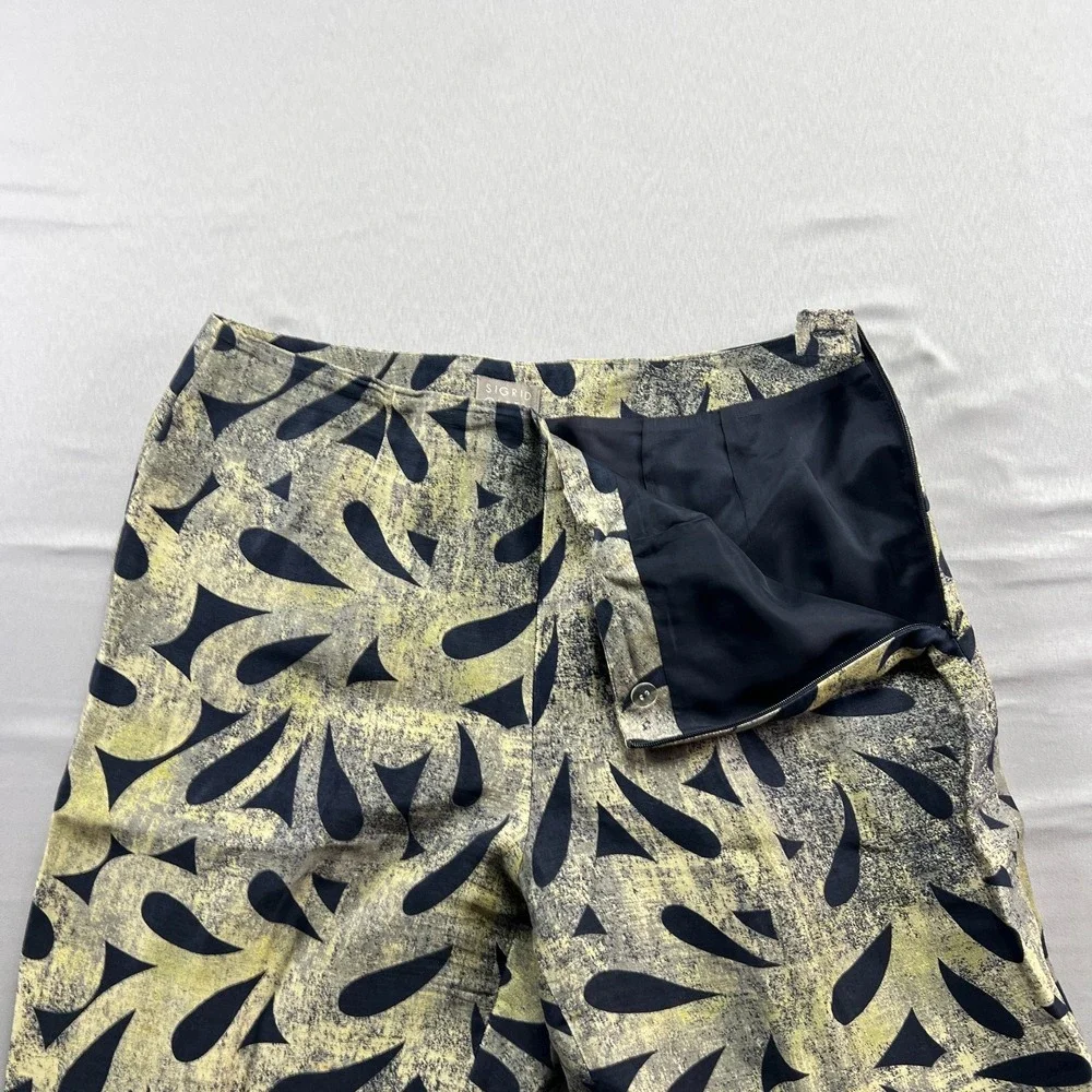 Sigrid Olsen Pants Womens 8 Yellow Black Abstract Linen Side Zip Straight Leg